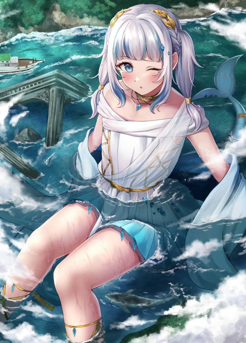 1girl absurdres bangs blue_eyes blue_hair choker cloud collarbone dress fish_tail gawr_gura giant giantess highres hololive hololive_english jewelry laurel_crown medium_hair multicolored_hair necklace numaguro_(tomokun0808) official_alternate_costume one_eye_closed shark_tail ship silver_hair sitting solo streaked_hair tail twintails two-tone_hair virtual_youtuber water watercraft white_dress yellow_choker