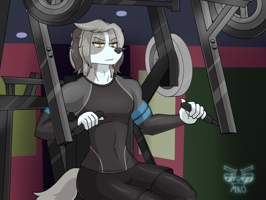 aggressive_retsuko anthro bodily_fluids canid canine canis director_himuro_(aggressive_retsuko) domestic_dog exercise hi_res male mammal sanrio solo srmko sweat workout_clothing