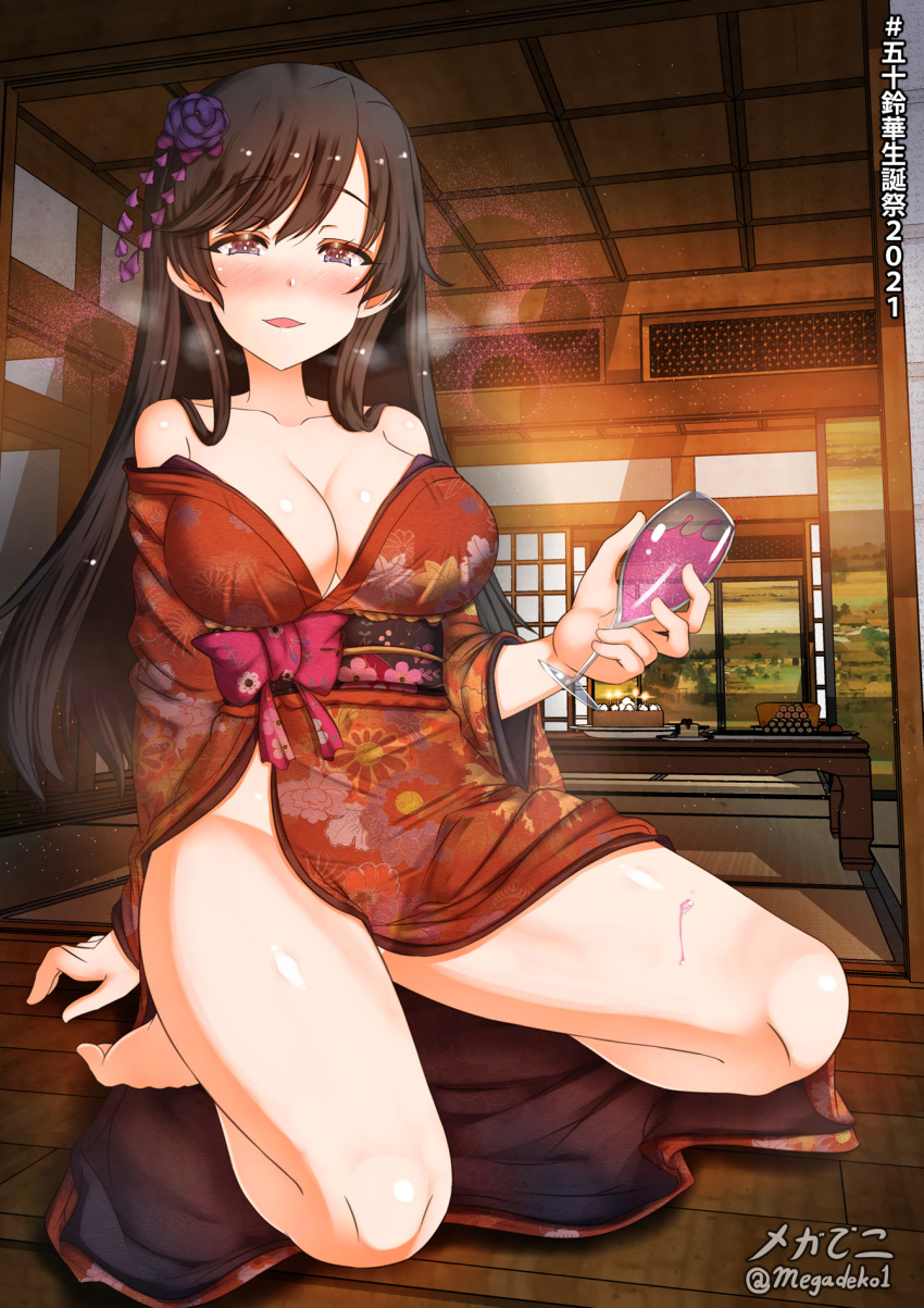 1girl alcohol aquaegg black_hair blush breasts champagne cleavage collarbone eyebrows_visible_through_hair flower girls_und_panzer glass hair_flower hair_ornament highres indoors isuzu_hana japanese_clothes kimono large_breasts long_hair looking_at_viewer no_panties on_floor open_mouth shiny shiny_hair shiny_skin sitting smile solo