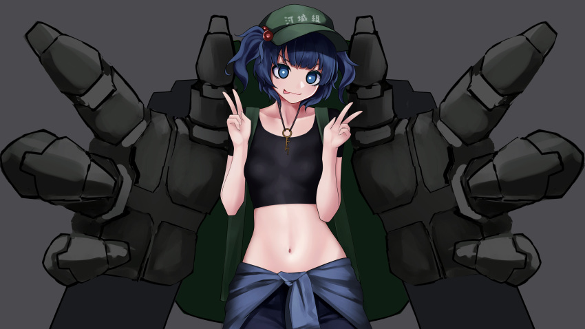 1girl absurdres back black_shirt blue_eyes blue_hair blue_pants closed_mouth collarbone cowboy_shot double_v flat_cap green_headwear grey_background hair_bobbles hair_ornament hat highres inoshin_(inixia1748) kawashiro_nitori key mechanical_arms midriff navel pants shirt short_hair short_sleeves simple_background smile solo stomach tongue tongue_out touhou twintails v