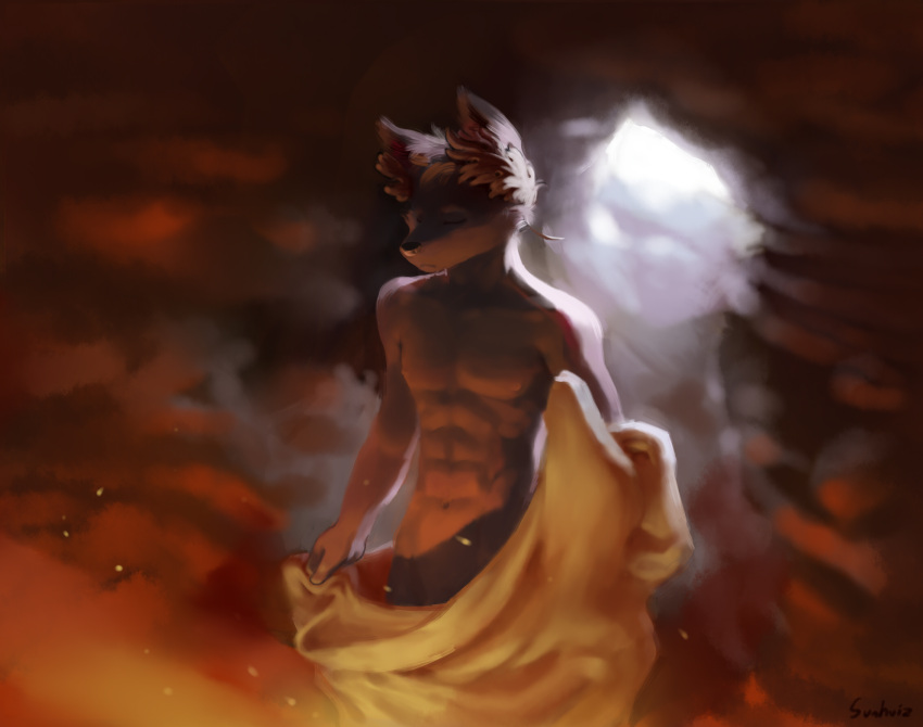 anthro canid canine canis cave clothing eyes_closed fire genitals hi_res laurel_wreath male mammal penis robe solo sunhuiz undressing wolf