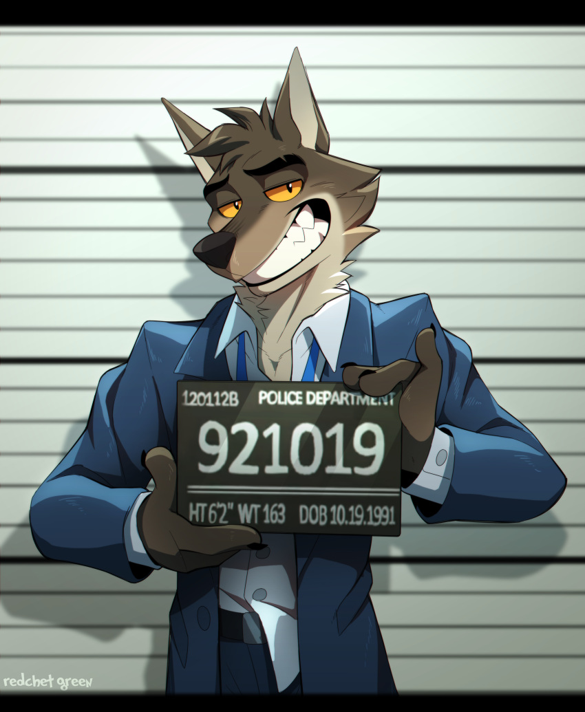 2021 absurd_res anthro black_bars bottomwear canid canine canis clothing dreamworks hi_res male mammal mr._wolf_(the_bad_guys) numbered_tag pants police_lineup redchetgreen solo station suit teeth the_bad_guys widescreen wolf
