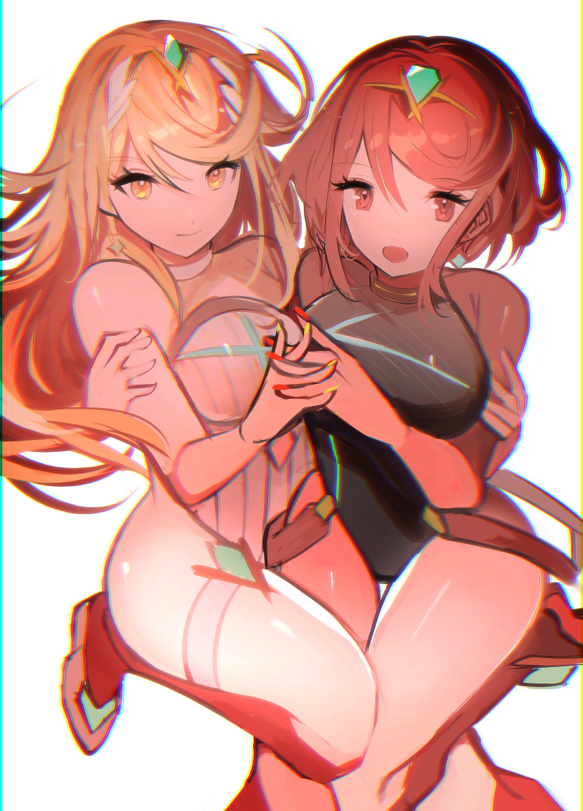 absurdres bangs blonde_hair breasts chest_jewel gem headpiece highres large_breasts long_hair mythra_(radiant_beach)_(xenoblade) mythra_(xenoblade) one-piece_swimsuit pyra_(pro_swimmer)_(xenoblade) pyra_(xenoblade) red_hair ribbed_swimsuit short_hair strapless strapless_swimsuit striped striped_swimsuit swept_bangs swimsuit tarbo_(exxxpiation) tiara vertical-striped_swimsuit vertical_stripes very_long_hair white_swimsuit xenoblade_chronicles_(series) xenoblade_chronicles_2 yellow_eyes