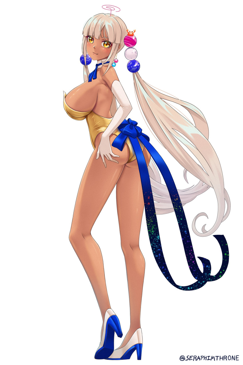 1girl ass bangs bare_back bare_legs bare_shoulders blonde_hair blue_neckwear blue_ribbon blunt_bangs breasts dark-skinned_female dark_skin elbow_gloves full_body gloves hair_ornament hand_on_own_ass high_heels highres hololive hololive_english huge_breasts kaniko_(tsukumo_sana) leotard long_hair looking_at_viewer looking_back neck_ribbon plant playboy_bunny ribbon seraphim_throne sideboob sidelocks simple_background solo strapless strapless_leotard tsukumo_sana twintails twitter_username very_long_hair virtual_youtuber white_background white_footwear white_gloves yellow_eyes yellow_leotard
