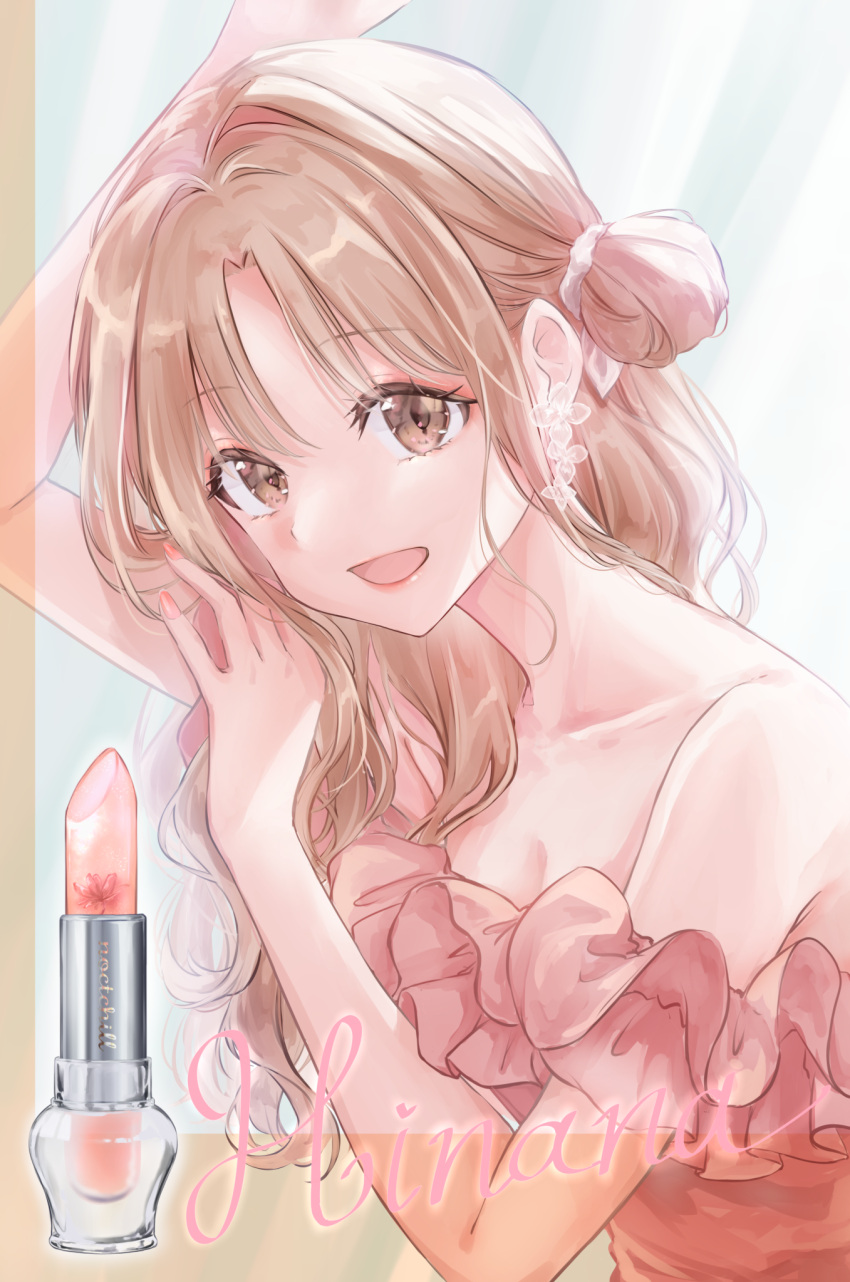 1girl aoba_yukichi bare_shoulders brown_eyes brown_hair character_name collarbone commentary_request cosmetics earrings hair_bun highres ichikawa_hinana idolmaster idolmaster_shiny_colors jewelry lipstick lipstick_tube long_hair looking_at_viewer makeup nail_polish open_mouth pink_nails side_bun sleeveless solo upper_body