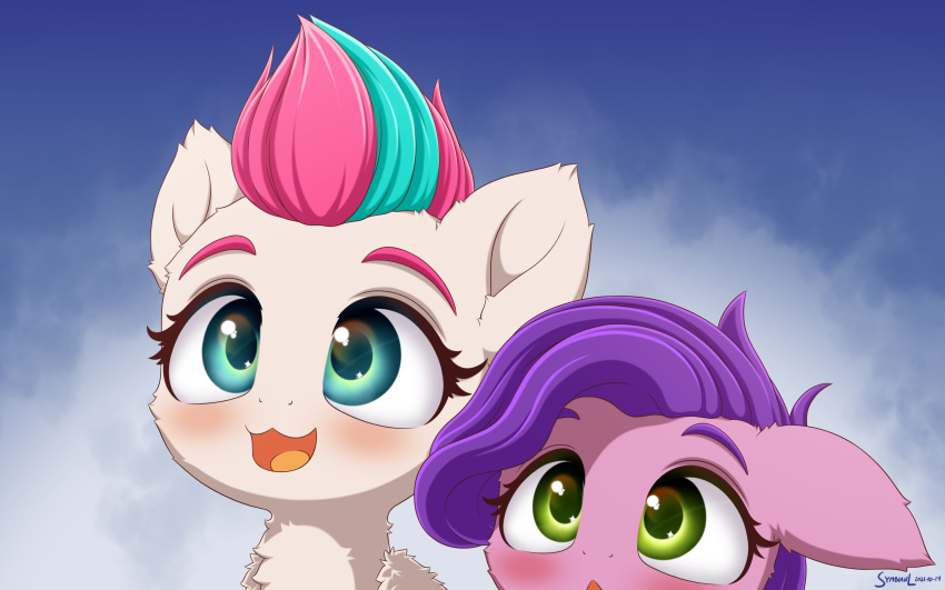 16:10 2021 :3 absurd_res aged_down blue_eyes blush digital_media_(artwork) duo equid equine eyelashes female feral green_eyes hair hasbro hi_res mammal mlp_g5 multicolored_hair my_little_pony open_mouth open_smile pegasus pipp_petals_(mlp) purple_hair sibling sister sisters smile symbianl widescreen wings young zipp_storm_(mlp)