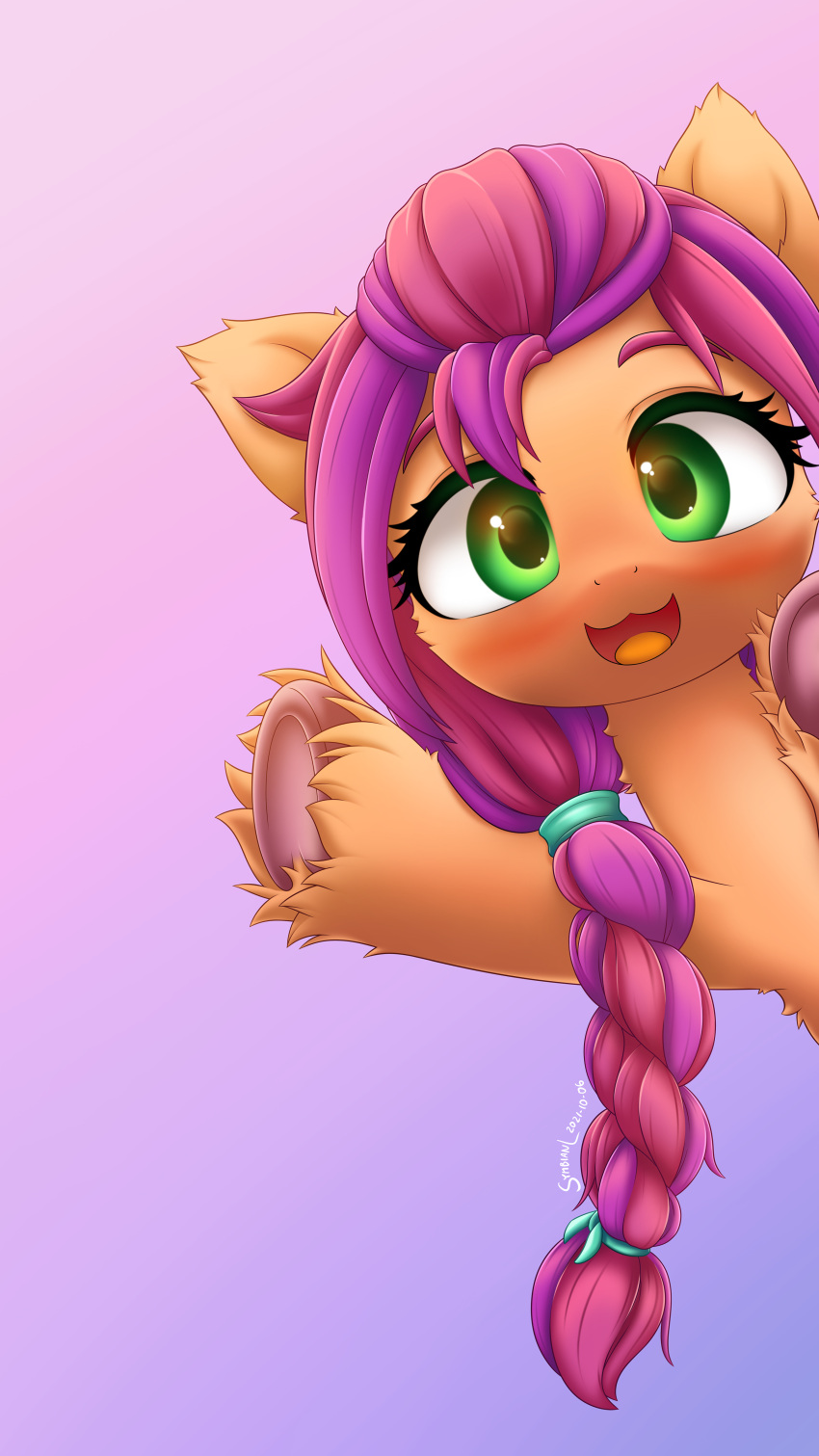 2021 absurd_res blush braided_hair digital_media_(artwork) earth_pony equid equine eyelashes female feral gesture gradient_background green_eyes hair hasbro hi_res hooves horse long_hair looking_at_viewer mammal mlp_g5 multicolored_hair my_little_pony open_mouth open_smile pony simple_background smile solo sunny_starscout_(mlp) symbianl two_tone_hair underhoof waving