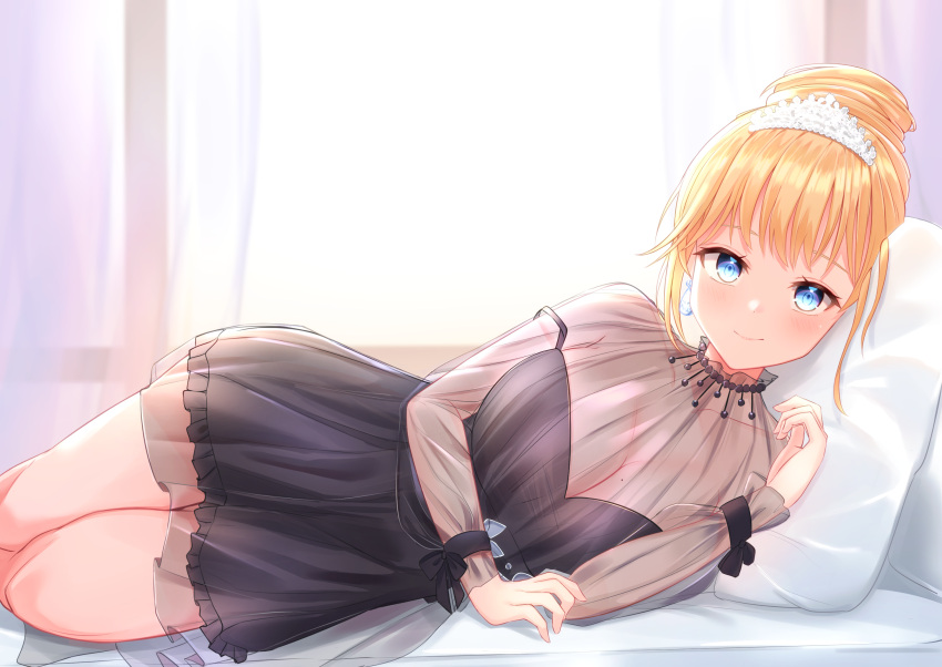 1girl bangs black_dress blonde_hair blue_eyes breasts cleavage closed_mouth collarbone commentary curtains dress earrings english_commentary hand_up head_on_pillow heckler_kai highres hololive hololive_english indoors jewelry large_breasts legs_together looking_at_viewer lying mole mole_on_breast official_alternate_costume on_bed on_side pillow see-through smile solo strap_slip tiara virtual_youtuber watson_amelia