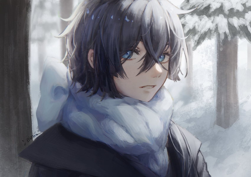 1boy absurdres bishounen blue_eyes blue_hair blue_scarf cold dark_blue_hair eyebrows_visible_through_hair eyelashes hair_between_eyes highres looking_at_viewer male_focus outdoors parted_lips scarf signature snow solo tree upper_body vanitas_(vanitas_no_carte) vanitas_no_carte zieru