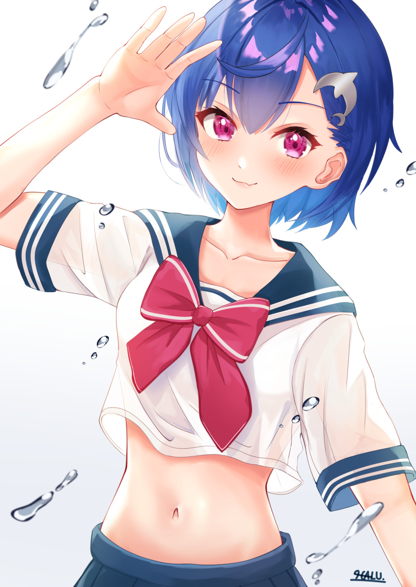 1girl absurdres bangs blue_hair blue_sailor_collar blue_skirt blush bow bowtie collarbone dolphin_hair_ornament fang highres looking_at_viewer midriff navel nijisanji nishizono_chigusa oozora_haru pleated_skirt purple_eyes red_bow sailor_collar school_uniform see-through serafuku shirt short_hair skin_fang skirt smile solo stomach virtual_youtuber water white_shirt