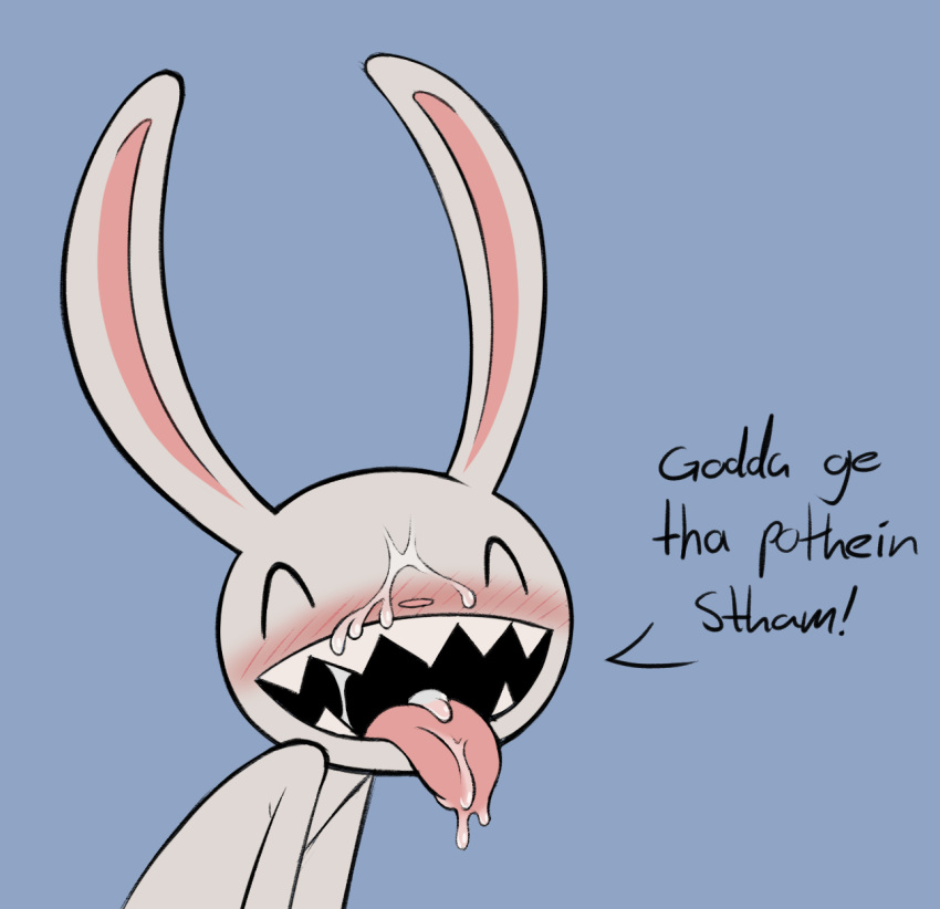 anthro blush bodily_fluids cum cum_in_mouth cum_inside cum_on_face eyes_closed genital_fluids hi_res lagomorph leporid male mammal max_(sam_and_max) open_mouth outtabellets rabbit sam_and_max sharp_teeth smile solo teeth tongue tongue_out