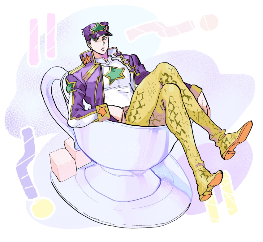 1boy black_hair bored crossed_legs cup green_eyes hat jojo_no_kimyou_na_bouken kujo_jotaro long_coat male_focus miniboy nitako purple_hair sitting snake_print solo stone_ocean sugar_cube teacup