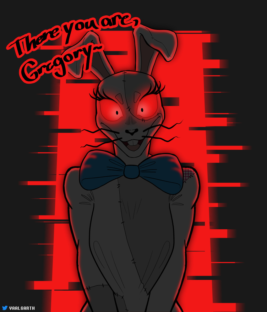 2021 absurd_res bow_tie breasts buckteeth clothed clothing colored costume digital_drawing_(artwork) digital_media_(artwork) edge_lighting eyelashes female five_nights_at_freddy's five_nights_at_freddy's:_security_breach floppy_ears glitch glowing glowing_eyes hi_res human long_ears looking_at_viewer mammal open_mouth patch_(fabric) red_light red_sclera scottgames shaded simple_background smile solo solo_focus teeth text vaalgarth vanny_(fnaf) video_games whiskers white_body