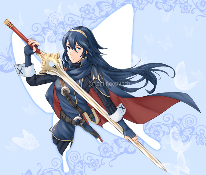 1girl arched_back armor belt blue_background blue_bodysuit blue_cape blue_dress blue_eyes blue_gloves blue_hair bodysuit breasts bug butterfly cape dress english_commentary falchion_(fire_emblem) fingerless_gloves fire_emblem fire_emblem_awakening flamingo_(eme324) gloves gold_trim hair_between_eyes hand_up highres holding holding_sword holding_weapon long_hair looking_at_viewer lucina_(fire_emblem) sheath shiny shiny_hair short_dress shoulder_armor sidelocks small_breasts smile solo sword tiara turtleneck twitter_username watermark weapon