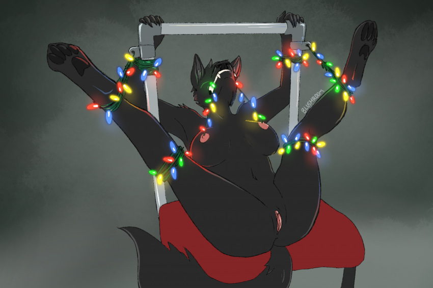 anthro anus bdsm blushroom bondage bound breasts canid canine canis christmas christmas_lights feet female furniture genitals holidays lights mammal nipples paws presenting pussy solo solo_focus wolf