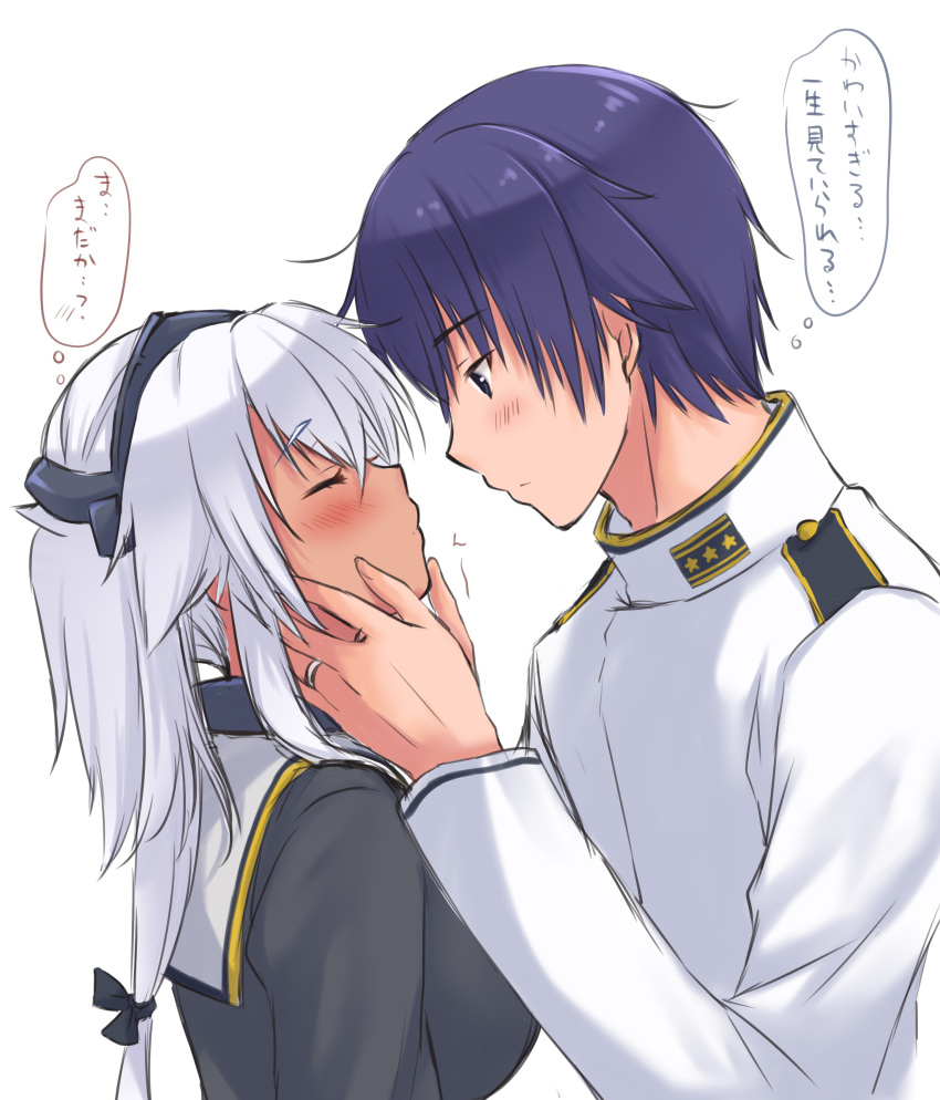 1boy 1girl absurdres admiral_(kancolle) blue_eyes blue_hair blush eyebrows_visible_through_hair hair_between_eyes highres jewelry kantai_collection long_hair long_sleeves mashiro_yukiya military military_uniform musashi_(kancolle) naval_uniform remodel_(kantai_collection) ring short_hair silver_hair simple_background thought_bubble translation_request two_side_up uniform upper_body waiting_for_kiss wedding_band white_background