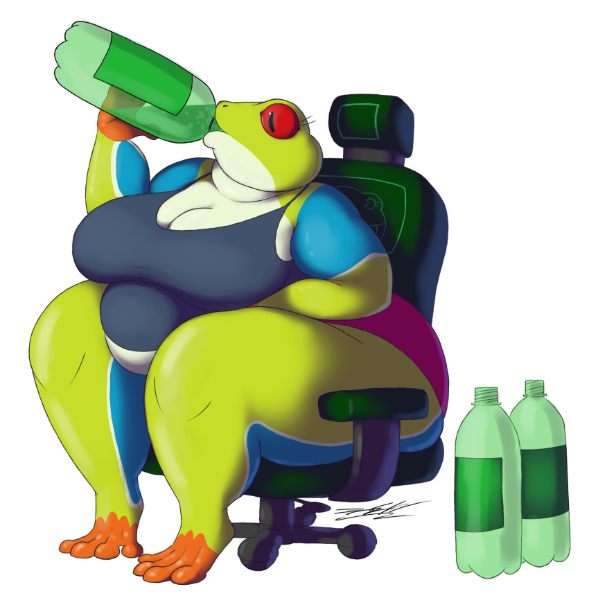 amphibian anthro beverage big_breasts big_butt breasts butt clothing drinking female frog gaming_chair hi_res mackbeard3 orange_toes overweight overweight_female red_eyes shirt soda soda_bottle solo tank_top topwear tree_frog