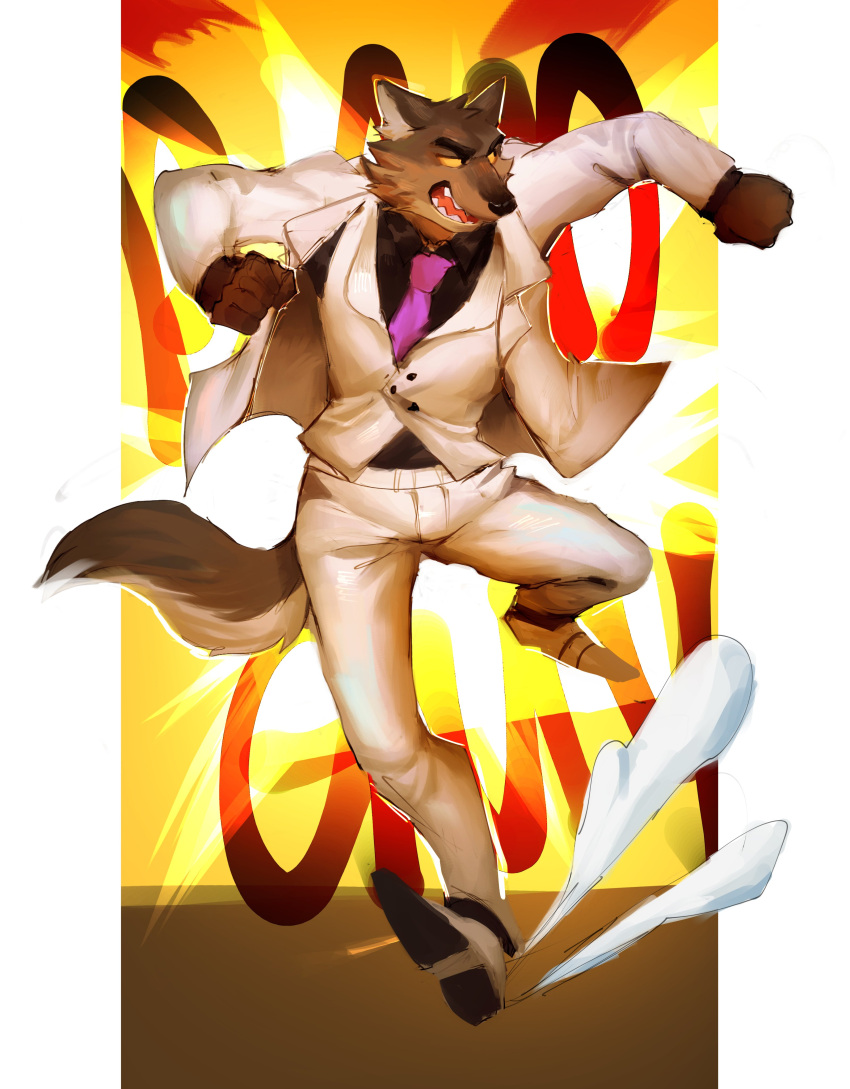 2021 absurd_res anthro bottomwear clothing dreamworks explosion fire hi_res looking_back male mr._wolf_(the_bad_guys) o_reowoof open_mouth pants plantigrade solo suit teeth the_bad_guys white_clothing