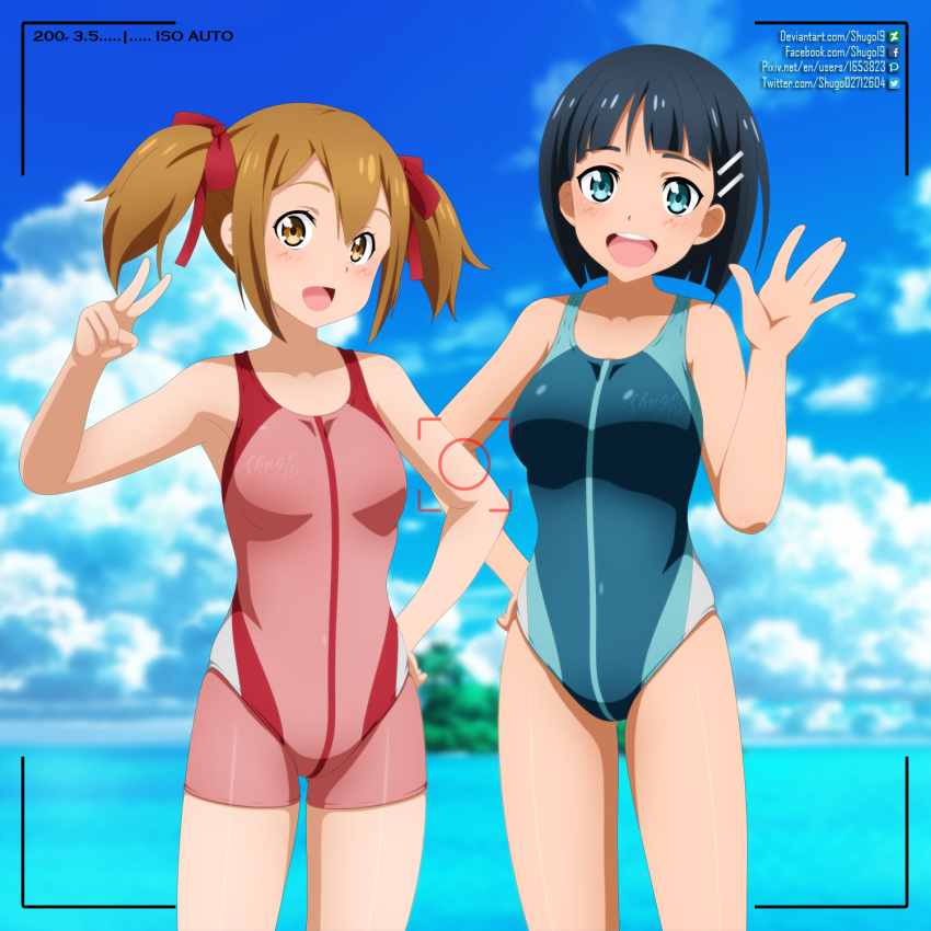 2girls aqua_eyes black_eyes blue_sky blue_swimsuit blurry blurry_background bob_cut bodysuit breasts brown_hair cloud competition_swimsuit day hair_ornament hair_ribbon hairclip highres kirigaya_suguha looking_at_viewer medium_breasts multicolored_clothes multiple_girls one-piece_swimsuit open_mouth outdoors red_eyes red_wetsuit ribbon round_teeth short_hair shugo19 silica sky smile swimsuit sword_art_online teeth twintails upper_teeth v viewfinder waving wetsuit