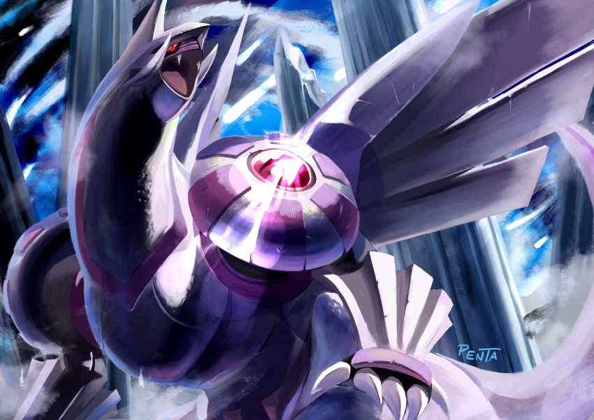 black_sclera claws colored_sclera commentary_request fangs from_below highres looking_back no_humans open_mouth outdoors palkia penta_oekaki pillar pokemon pokemon_(creature) red_eyes signature solo tongue