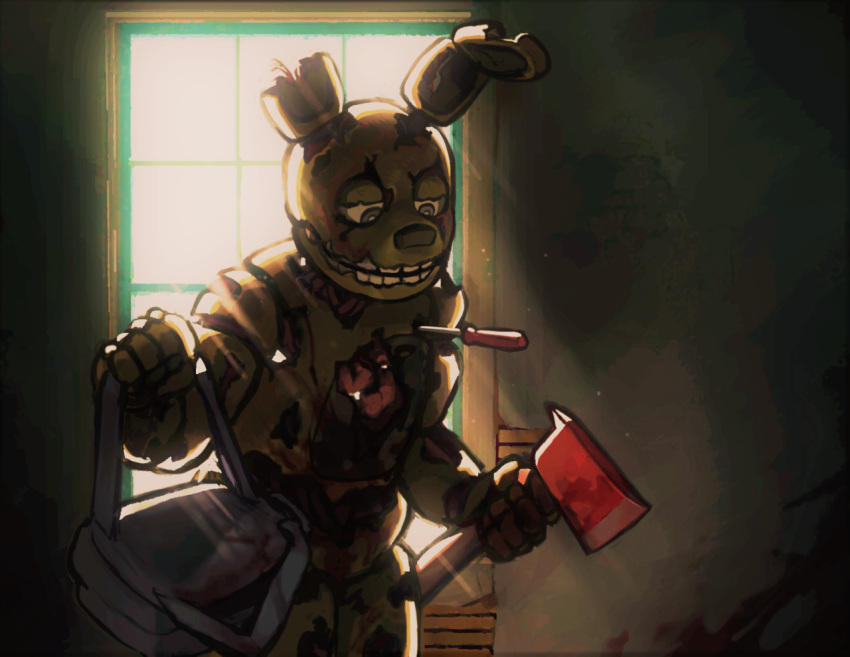 2021 animatronic anthro axe backpack blood bodily_fluids five_nights_at_freddy's five_nights_at_freddy's_3 gore green_body guts holding_object holding_weapon lagomorph leporid looking_down machine male mammal melee_weapon open_mouth open_smile organs rabbit robot scottgames screwdriver skylordlysander smile solo springtrap_(fnaf) tools video_games weapon wire wounded