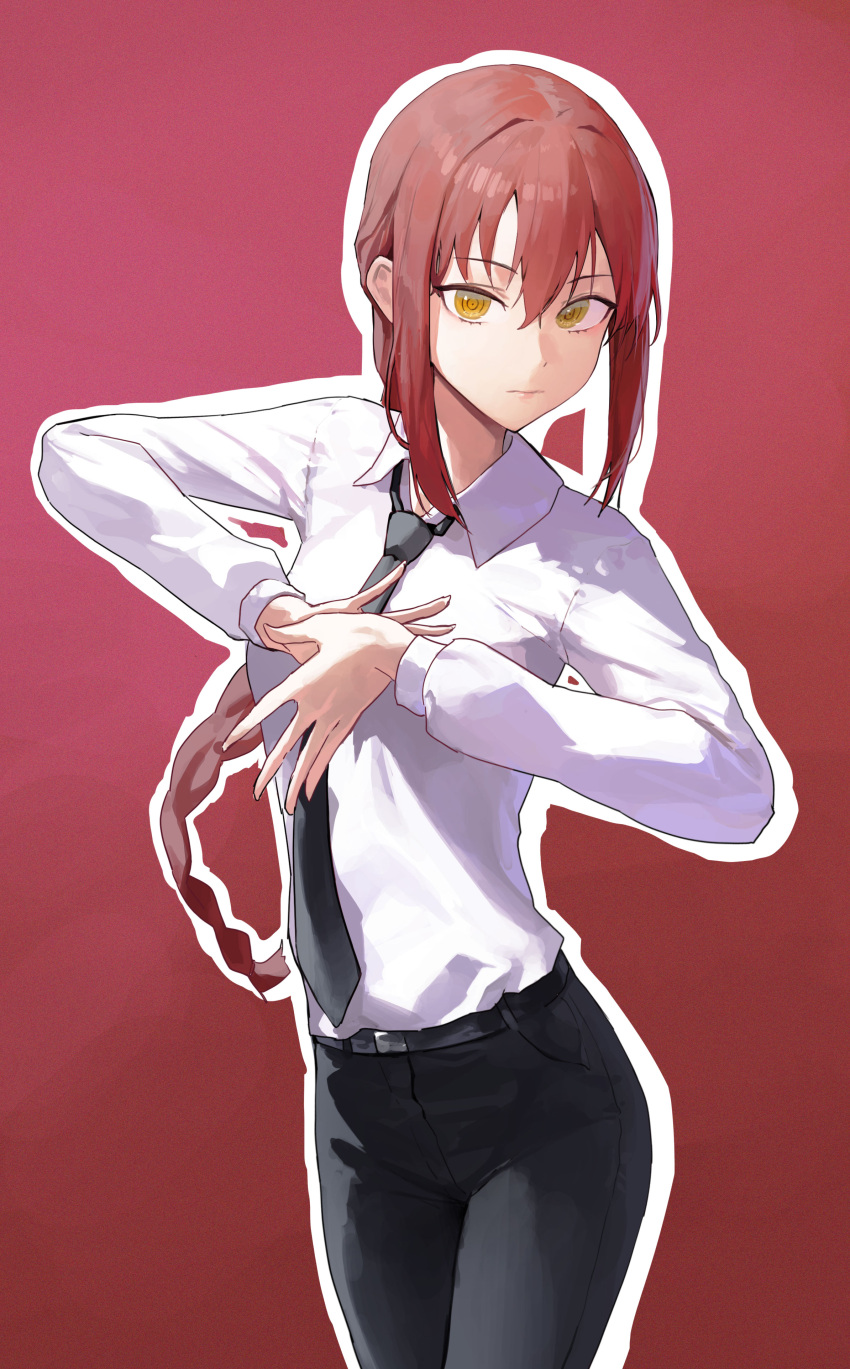1girl absurdres black_necktie black_pants braid chainsaw_man closed_mouth collared_shirt commentary cowboy_shot english_commentary highres long_hair long_sleeves looking_at_viewer mac_star makima_(chainsaw_man) necktie own_hands_together pants red_background red_hair ringed_eyes shirt shirt_tucked_in simple_background single_braid solo white_shirt yellow_eyes