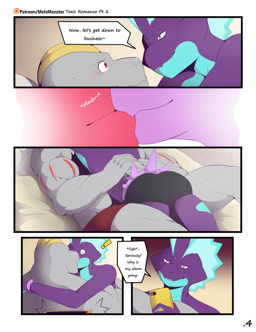 absurd_res anthro cellphone clothed clothing comic dialogue duo english_text hi_res holding_cellphone holding_object holding_phone interrupted jax_(mels_monster) kissing low_key_toxtricity lying lying_on_another machoke male male/male mels_monster_(artist) muscular muscular_male nintendo on_back owen_(mels_monster) phone pok&eacute;mon pok&eacute;mon_(species) text topless toxtricity underwear underwear_only video_games