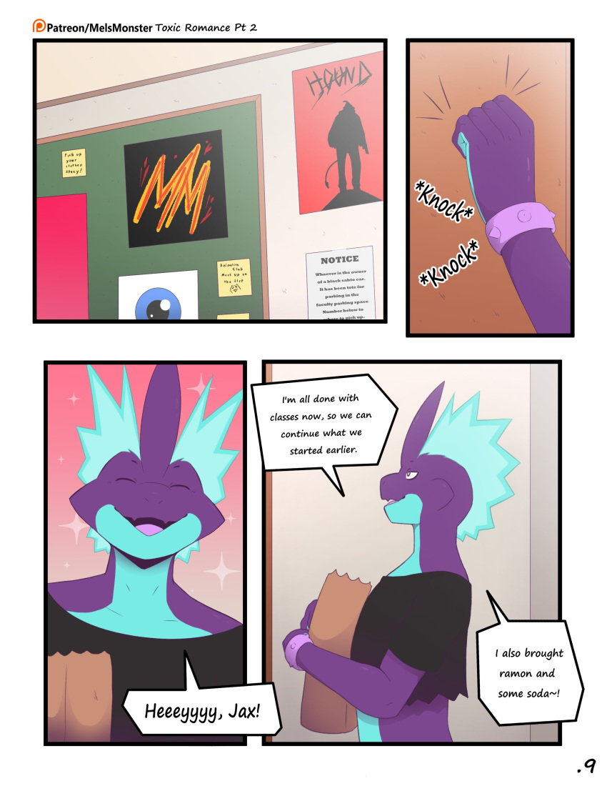 absurd_res anthro clothed clothing comic crop_top dialogue english_text hi_res knocking low_key_toxtricity male mels_monster_(artist) nintendo owen_(mels_monster) pok&eacute;mon pok&eacute;mon_(species) shirt solo text topwear toxtricity video_games