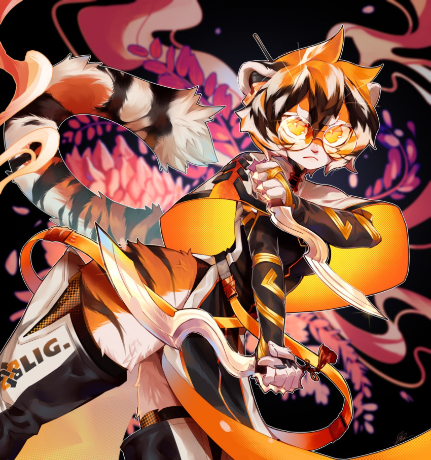 5_fingers abstract_background anthro arknights black_body black_nose booboo34 clothing earpiece eyewear felid female fighting_pose fingers fur glasses hair hi_res holding_object holding_weapon hypergryph knife looking_at_viewer mammal multicolored_body multicolored_fur multicolored_hair orange_body orange_fur orange_hair pantherine portrait pose solo studio_montagne three-quarter_portrait tiger video_games waaifu_(arknights) weapon white_body white_fur white_hair