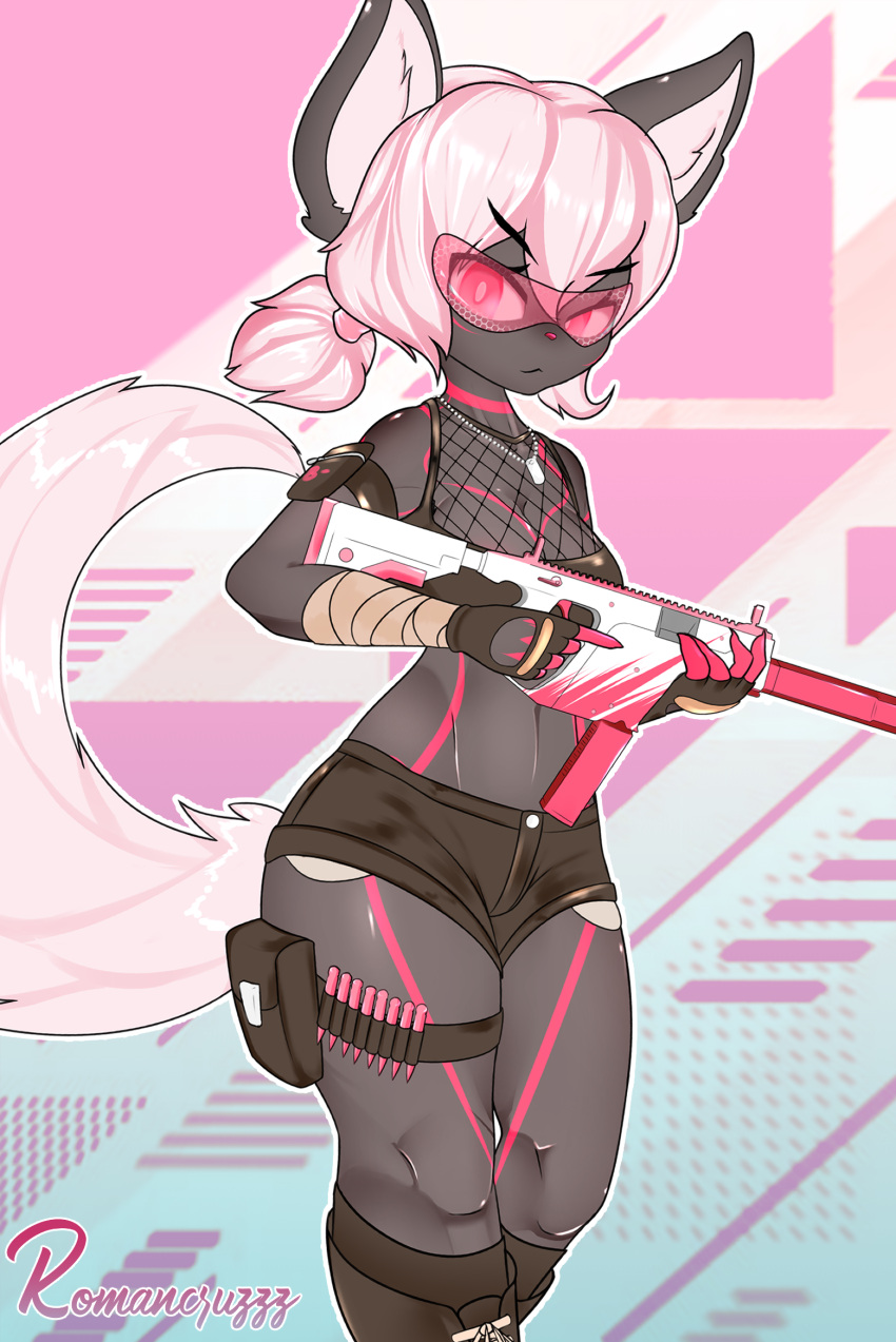 breasts bullet clothed clothing eyewear female fingerless_gloves fishnet fishnet_topwear fluffy fluffy_tail glasses gloves gre_fur hair handwear hi_res holding_object holding_weapon jewelry kriss_vector looking_at_viewer mammal necklace pink_eyes pink_hair pink_nose portrait romancruzzz solo three-quarter_portrait trigger_discipline weapon