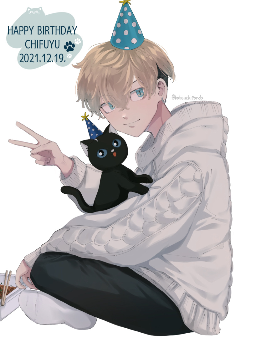 1boy animal black_hair black_pants blonde_hair cat character_name chocopanda_(kabeuchipanda) chopsticks dated earrings full_body grey_sweater hand_up happy_birthday hat highres hood hood_down jewelry long_sleeves male_focus matsuno_chifuyu pants party_hat shoes simple_background single_earring sitting solo sweater tokyo_revengers undercut v white_background white_footwear yakisoba