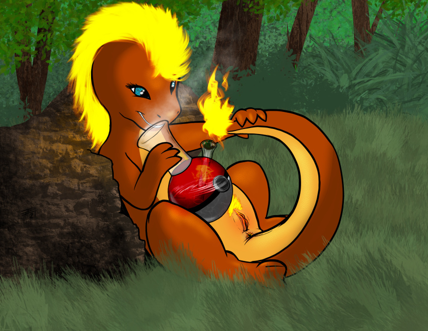 anthro anus body_hair bong casual_nudity charlene_(tawnyfluff) charmander drug_paraphernalia drugs female fire flaming_hair flaming_pubes flaming_tail forest genitals grass happy_trail hi_res lizard marijuana mohawk nature nintendo nude outside plant pok&eacute;mon pok&eacute;mon_(species) pseudo_hair pubes public public_nudity pussy reptile scalie smoking solo solo_focus sparkling_eyes tawnyfluff tree video_games