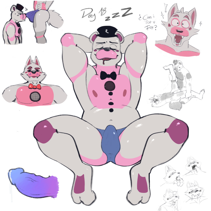 2021 abdominal_bulge absurd_res anal anal_orgasm anal_penetration animatronic anthro biped black_nose blush bodily_fluids bow_tie bulge bulge_frottage bulge_in_face butt canid canine clothing cum cum_in_mouth cum_inside cum_on_penis digital_media_(artwork) duo ejaculation fangs fellatio finger_to_mouth five_nights_at_freddy's fox funtime_foxy_(fnaf) funtime_foxy_(fnafsl) funtime_freddy_(fnafsl) genital_fluids genitals hat headgear headwear hi_res holding_leg ledange machine male male/male mammal mouth_hold mouth_play narrowed_eyes open_mouth oral penetration penile penis penis_on_face pose precum presenting raised_tail robot saliva scottgames seductive sex showing_penis signature sister_location sitting sleeping smile sparkles steam surprised_expression teeth top_hat topknot touching_penis underwear ursid vein veiny_penis video_games