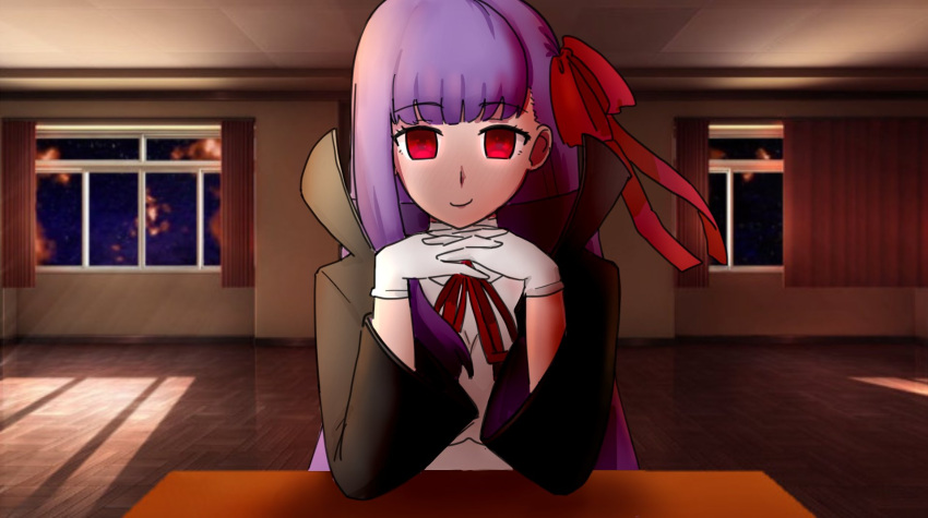 1girl bangs bb_(fate) black_cape blunt_bangs bow cape closed_mouth curtains derivative_work doki_doki_literature_club fate/extra fate/extra_ccc fate/grand_order fate_(series) gloves hair_bow highres indoors interlocked_fingers looking_at_viewer night own_hands_together parody purple_hair raskasar red_bow red_eyes screencap_redraw shirt sitting smile solo table upper_body when_you_see_it white_gloves white_shirt