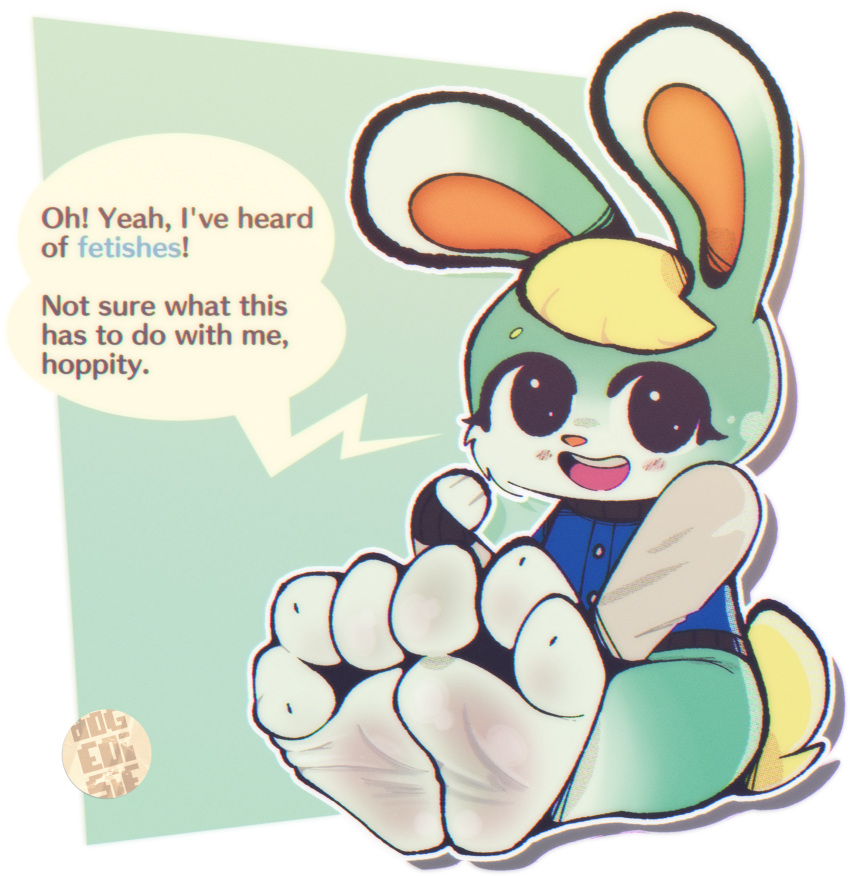 3_toes absurd_res animal_crossing anthro blonde_hair blush clothed clothing dialogue dogeoisie feet foot_fetish foot_focus fur green_body green_fur hair hi_res lagomorph leporid looking_at_viewer male mammal nintendo partially_clothed paws rabbit sasha_(animal_crossing) soles solo talking_to_viewer toe_curl toes video_games white_body white_fur