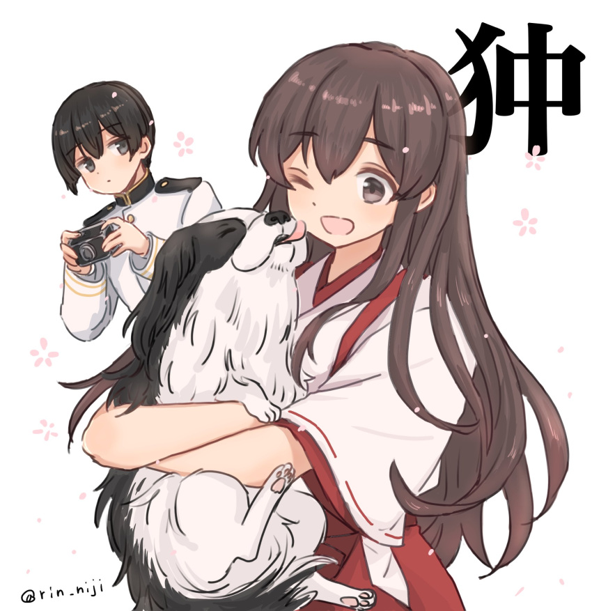 1boy 1girl akagi_(kancolle) animal axis_powers_hetalia bangs black_eyes black_hair blush brown_eyes brown_hair camera closed_mouth commentary_request crossover dog eyebrows_visible_through_hair hakama highres holding holding_animal holding_camera holding_dog japan_(hetalia) japanese_clothes kantai_collection licking long_hair long_sleeves military military_uniform one_eye_closed open_mouth red_hakama rin_(rin_niji) simple_background tasuki twitter_username uniform