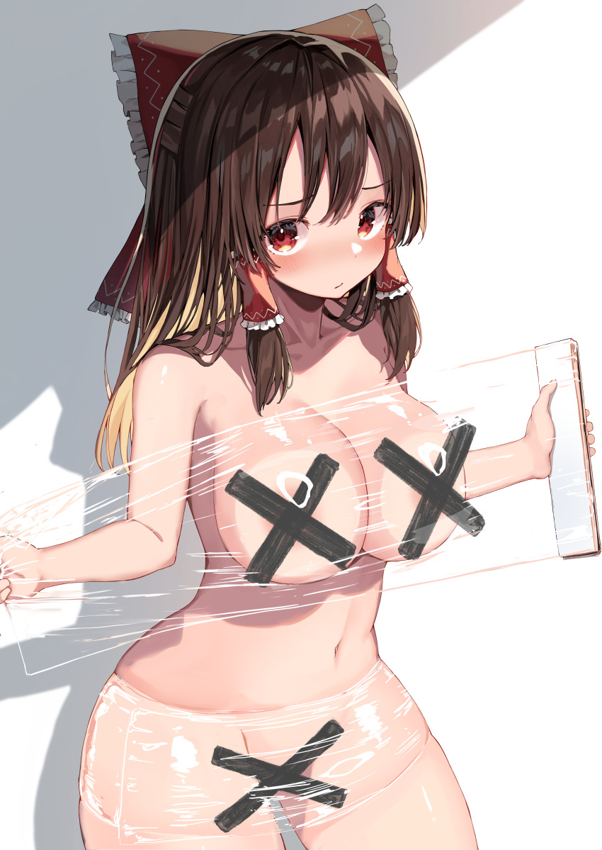 1girl :/ absurdres areola_slip areolae bangs bare_shoulders blush bow breast_press breasts brown_eyes brown_hair cleavage closed_mouth collarbone completely_nude convenient_censoring cowboy_shot cross dot_nose frilled_bow frills hair_bow hair_tubes hakurei_reimu highres holding large_breasts long_hair mamemochi navel nose_blush nude plastic_wrap plump red_bow sidelocks sideways_glance simple_background solo standing stomach thick_thighs thighs touhou white_background wrapped