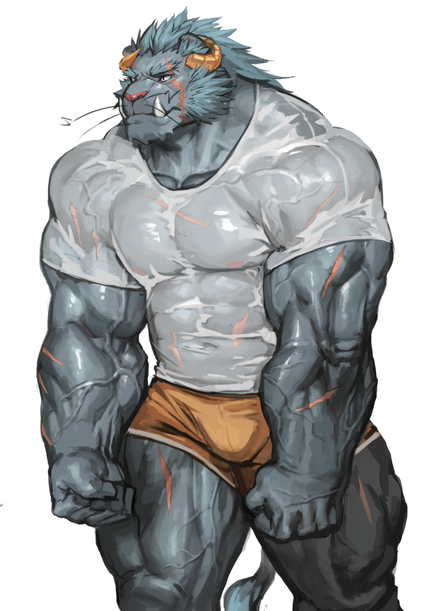 2021 abs absurd_res anthro biceps big_muscles bulge clothed clothing digital_media_(artwork) felid hi_res huge_muscles krampus_(housamo) lifewonders lion male mammal muscular muscular_anthro muscular_male pantherine simple_background solo tokyo_afterschool_summoners translucent translucent_clothing traver009 video_games wet wet_clothing white_background