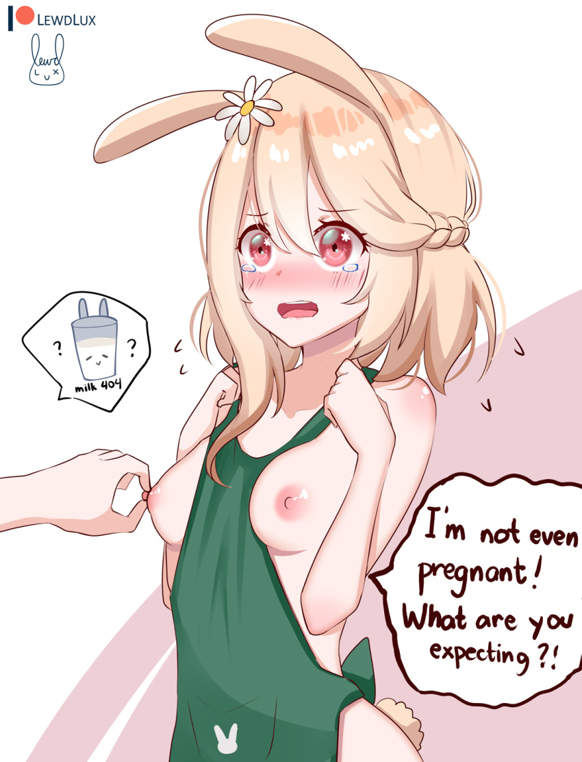 1girl ? ?? animal_ears apron artist_logo blonde_hair blush braid breasts cowboy_shot curled_fingers english_commentary eyebrows_visible_through_hair flower french_braid green_apron hair_between_eyes hair_flower hair_ornament hands_up highres iced_latte_with_breast_milk_(meme) lewdlux looking_at_another meme naked_apron nipple_tweak nose_blush open_mouth original patreon_username rabbit_ears rabbit_girl rabbit_tail red_eyes simple_background small_breasts speech_bubble standing tail tears teeth two-tone_background upper_teeth
