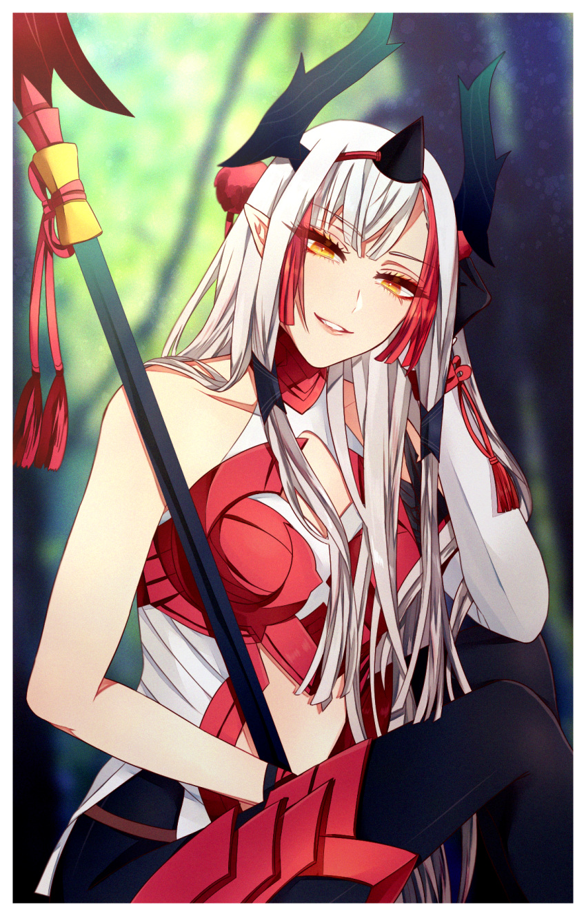 1girl armor bangs bare_shoulders blurry blurry_background breasts clothing_cutout fate/grand_order fate_(series) highres horns kiichi_hougen_(fate) lance long_hair looking_at_viewer midriff noitacoffus orange_eyes pointy_ears polearm sitting smile solo tassel very_long_hair weapon white_hair yellow_eyes