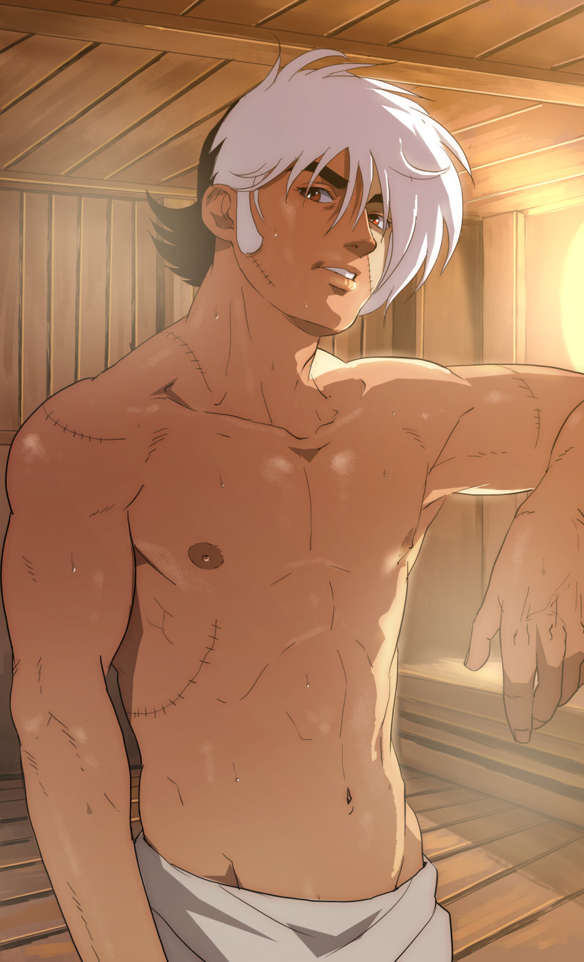 1boy bara black_jack_(character) black_jack_(series) dark-skinned_male dark_skin highres male_focus multicolored_hair nakagawa_(41871730) naked_towel navel nipples pectorals sauna short_hair sideburns solo split-color_hair steam stomach sweat thick_eyebrows toned toned_male topless_male towel young_black_jack younger