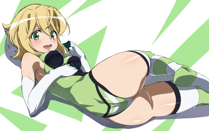 1girl absurdres akatsuki_kirika ass blonde_hair breasts covered_nipples elbow_gloves from_behind gloves green_eyes green_leotard hair_ornament highres leotard looking_at_viewer looking_back lying medium_breasts on_side open_mouth senki_zesshou_symphogear shiny shiny_hair shiny_skin short_hair shou937 smile solo striped striped_legwear teeth thighhighs x_hair_ornament