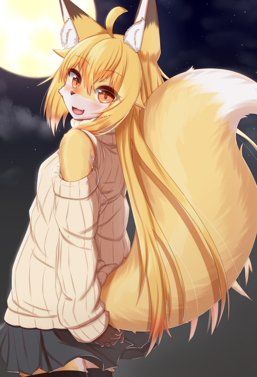 2021 ahoge anthro blonde_hair blush bottomwear brown_body brown_fur canid canine clothed clothing cute_fangs dipstick_ears dipstick_tail female fox fur hair hands_behind_back hi_res horokusa0519 inner_ear_fluff kemono long_hair looking_at_viewer looking_back mammal markings multicolored_body multicolored_ears multicolored_fur open_mouth orange_eyes skirt solo sweater tail_markings tongue topwear tuft white_body white_fur yellow_body yellow_fur