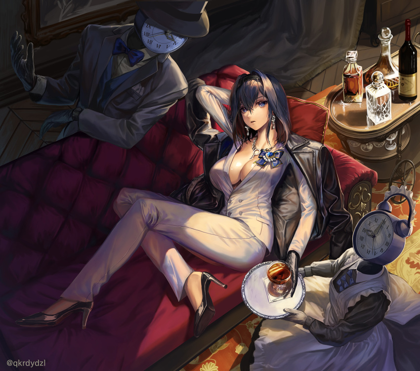 1girl alcohol apron arm_behind_head arm_up black_dress black_footwear black_gloves blue_eyes blue_hair blue_neckwear bottle bow bowtie breasts clock commentary couch dress earrings english_commentary formal frilled_apron frills glass glass_bottle gloves hairband hat high_heels highres hololive hololive_english jacket jewelry large_breasts long_sleeves maid necklace open_clothes open_jacket ouro_kronii parted_lips roman_numeral rug santafe99 sitting suit tray twitter_username watch white_apron white_gloves wine_bottle wristwatch