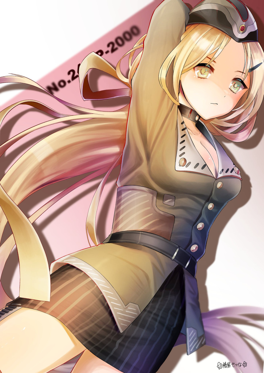 1girl arm_behind_head artist_name belt black_belt black_choker black_skirt blonde_hair blush breasts character_name choker cleavage closed_mouth collarbone eyebrows_visible_through_hair feet_out_of_frame from_behind girls'_frontline grey_headwear grey_jacket hair_between_eyes hair_ornament hairclip hat highres jacket long_hair looking_at_viewer medium_breasts military military_hat military_uniform numbered pp-2000_(girls'_frontline) simple_background skirt solo tsubakiya_setsuna uniform yellow_eyes