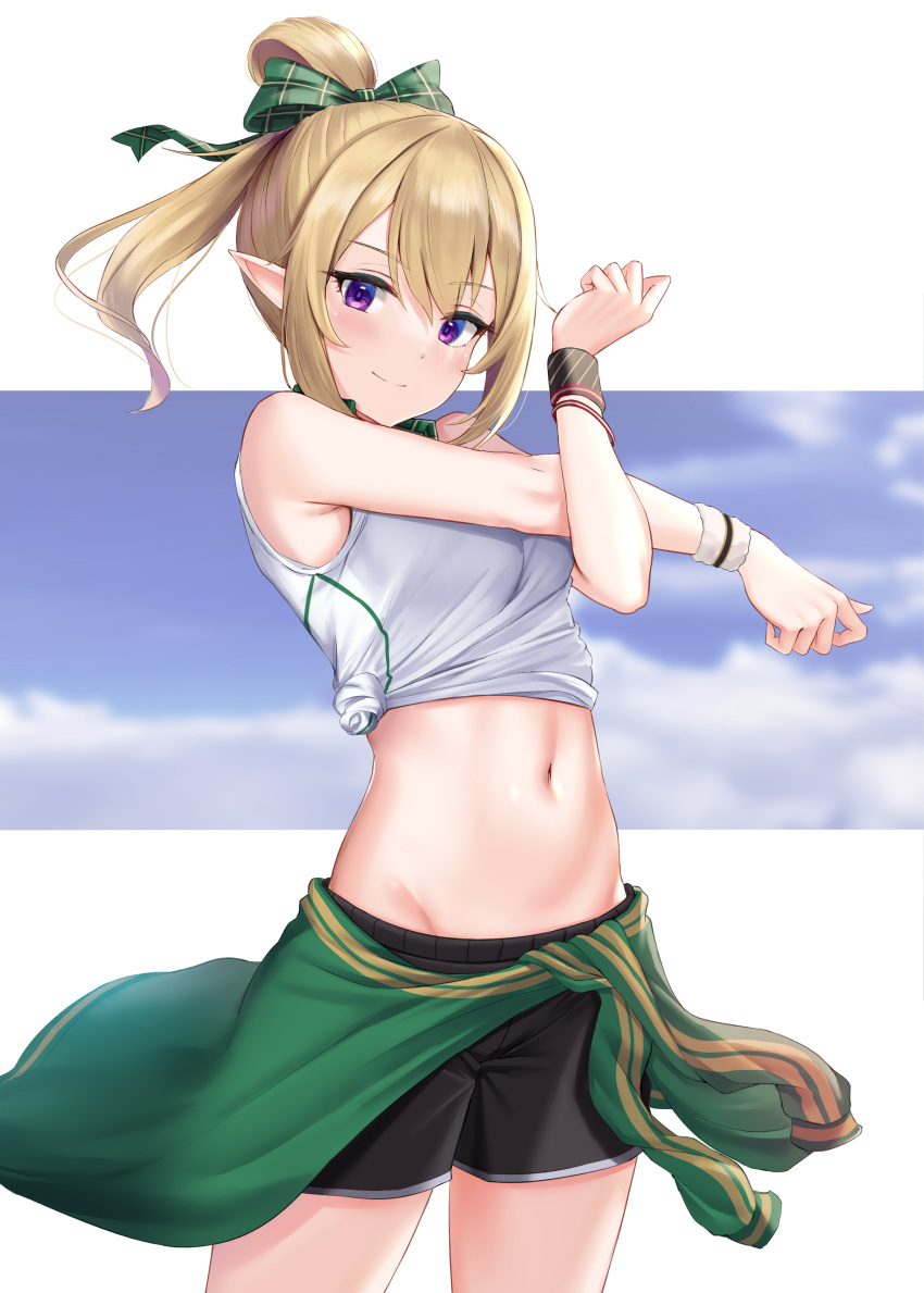 1girl absurdres bare_arms bare_shoulders black_shorts blonde_hair breasts chloe_(princess_connect!) closed_mouth clothes_around_waist cowboy_shot crop_top cross-body_stretch green_jacket groin highres jacket jacket_around_waist long_hair looking_at_viewer midriff navel pointy_ears ponytail princess_connect! purple_eyes rama_(yu-light8) revision shirt short_shorts shorts side-tie_shirt sidelocks sleeveless sleeveless_shirt small_breasts smile solo standing stomach sweatband white_shirt