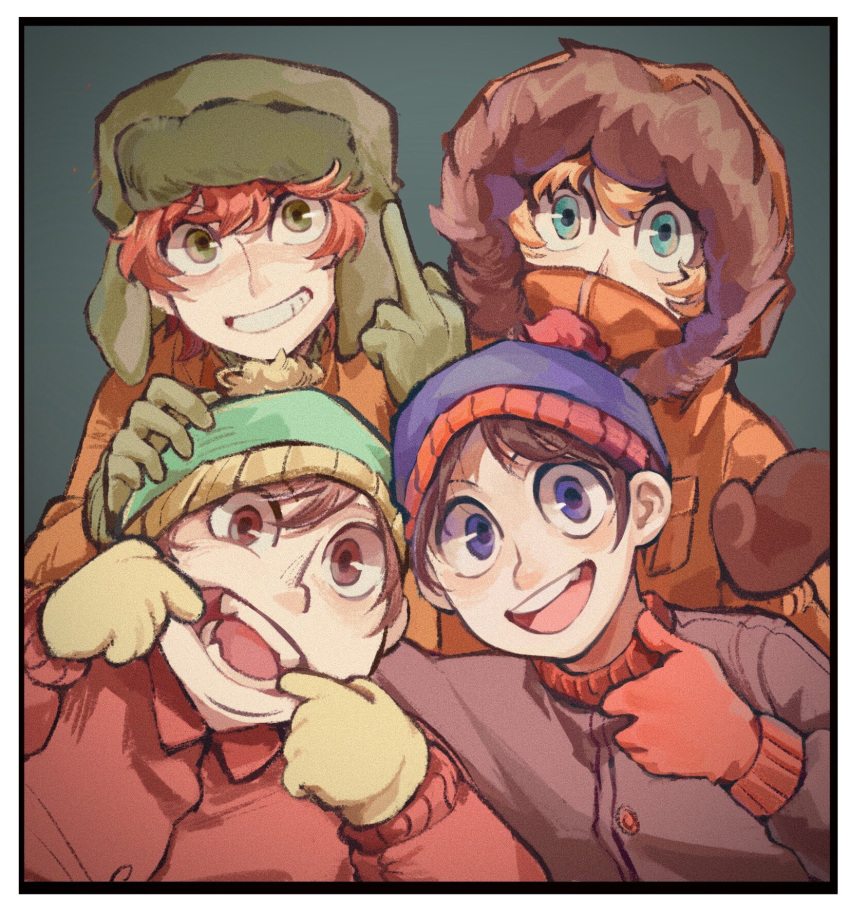 4boys beanie black_hair blonde_hair blue_eyes brown_eyes brown_hair brown_jacket eric_cartman fur_hat gloves green_eyes hat highres hood hood_up jacket kenny_mccormick kyle_broflovski multiple_boys orange_jacket parka red_hair red_jacket short_hair smile south_park south_park:_post_covid stan_marsh ushanka