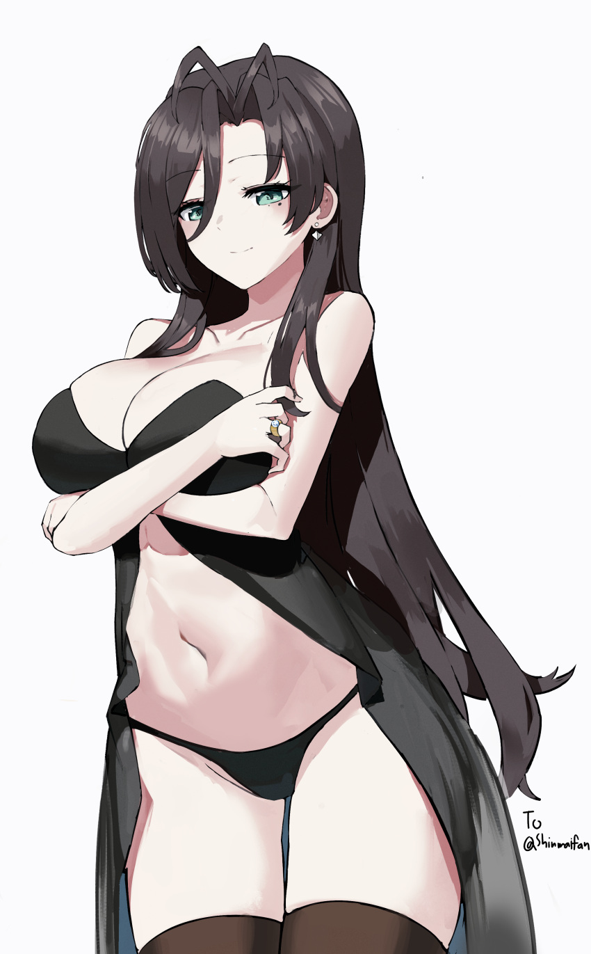 1girl absurdres bangs bare_shoulders black_dress black_panties breasts cleavage closed_mouth collarbone commentary_request commission cowboy_shot crossed_arms dress earrings eyebrows_visible_through_hair eyelashes forehead green_eyes hair_between_eyes hasegawa_chisato highres jewelry large_breasts long_hair manu_(pixiv41646715) midriff mole mole_under_eye navel open_clothes panties parted_bangs ring shinmai_maou_no_testament simple_background smile solo split_mouth standing strapless thighhighs thighs underwear wedding_ring white_background