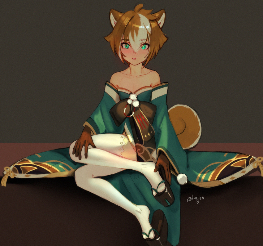 animal_humanoid asian_clothing canid canid_humanoid clothed clothing crossdressing dress ears_up east_asian_clothing gorou_(genshin_impact) humanoid japanese_clothing kimono legwear male mammal mammal_humanoid solo stockings tail targso