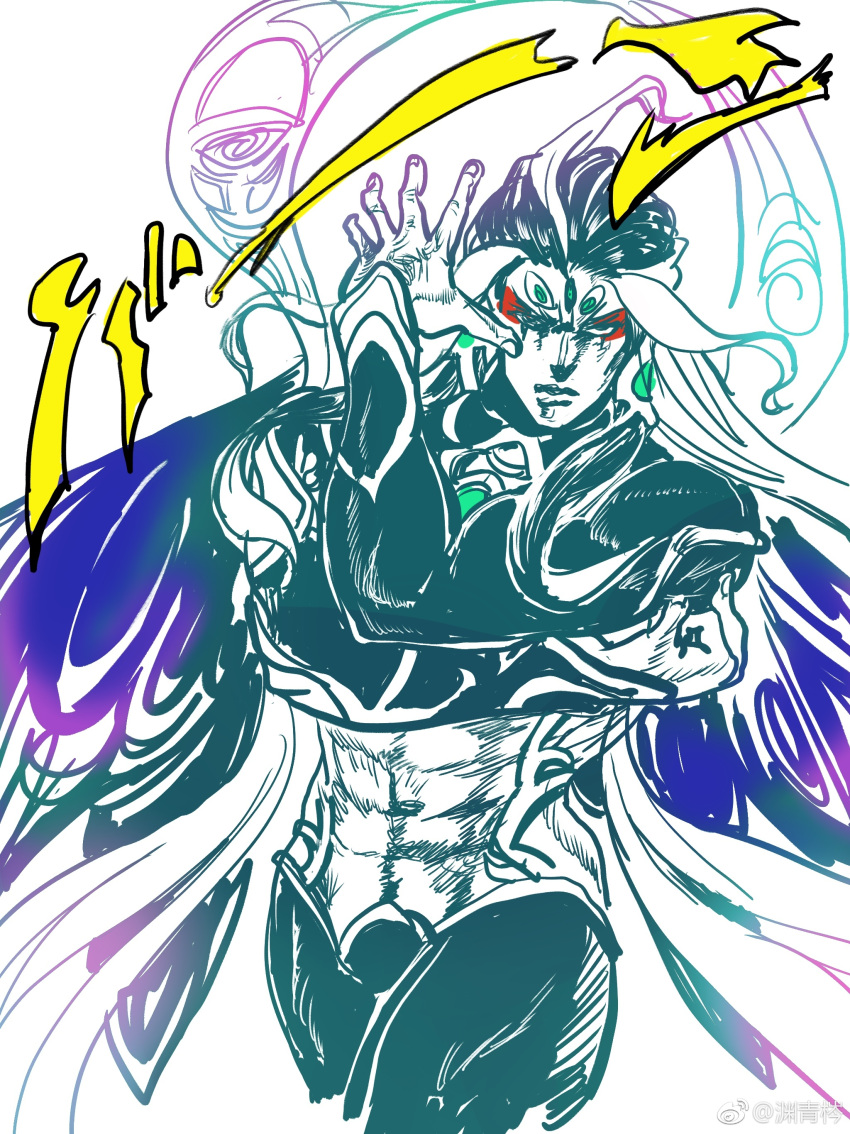 1other abs absurdres androgynous battle_tendency chinese_commentary closed_mouth fate/grand_order fate_(series) highres jojo_no_kimyou_na_bouken jojo_pose kars_(jojo) makeup muscular muscular_male pose shi_huang_di_(fate) sketch solo text_focus white_background wings yuan_jessie0430